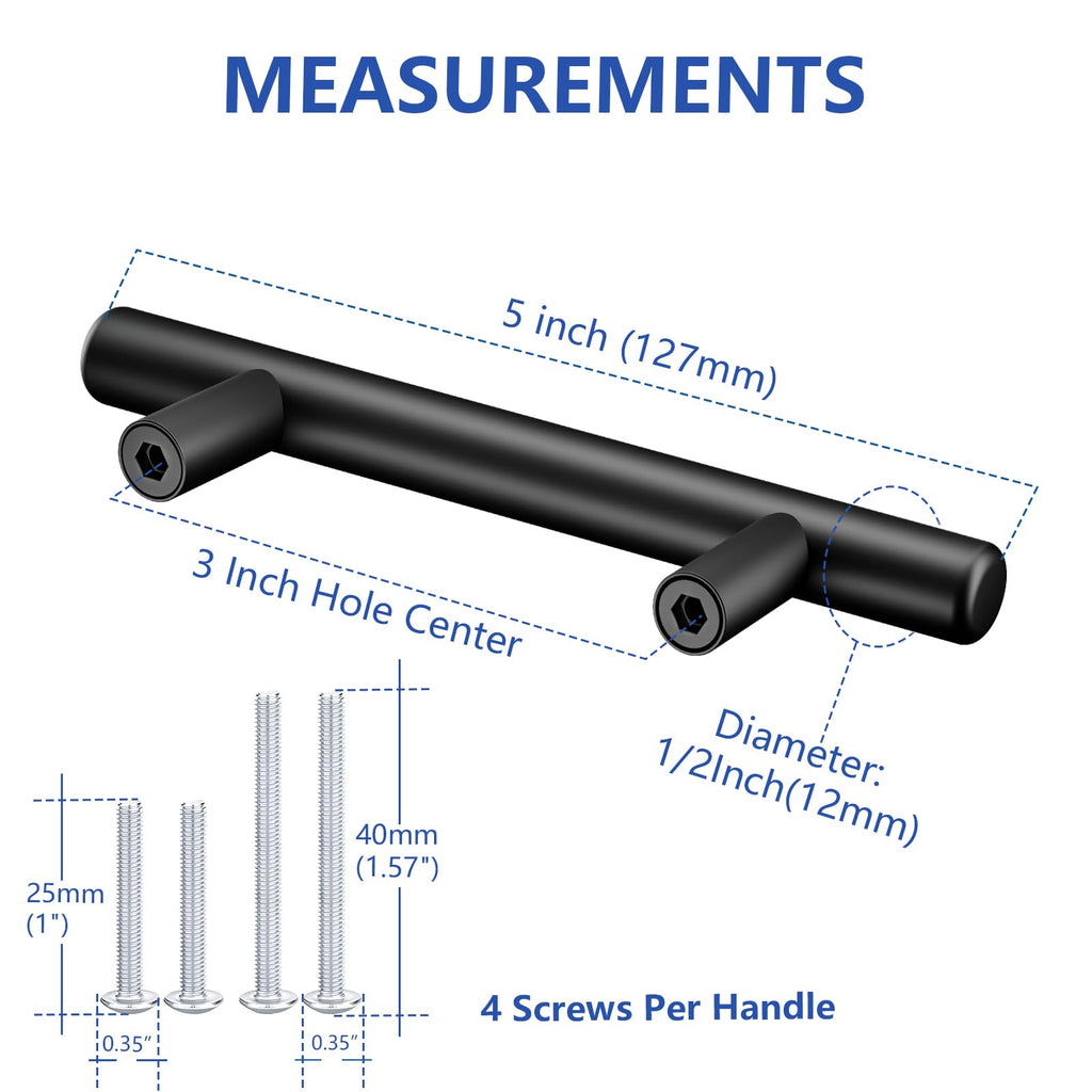 Plustool 50Pack Matte Black Cabinet Handles, 3''Hole Centers Kitchen Drawer Pulls, Stainless Steel Dresser Hardware for Kitchen Bathroom Bedroom - 5''Overall Length