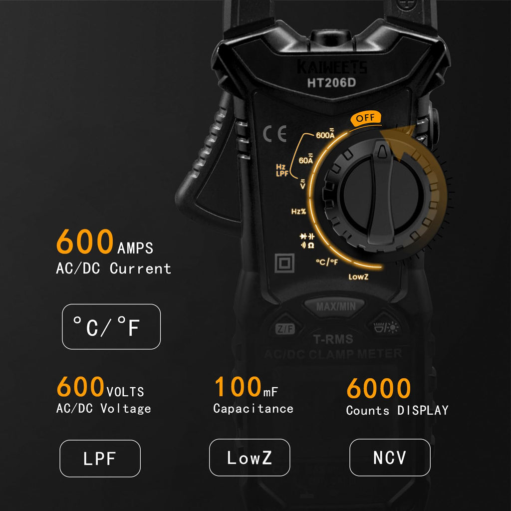 KAIWEETS HT206B Digital Clamp Meter T-RMS 6000 Counts, Multimeter Voltage Tester Auto-ranging, Measures Current Voltage Temperature Capacitance Resistance Diodes Continuity Duty-Cycle (AC Clamp Meter)