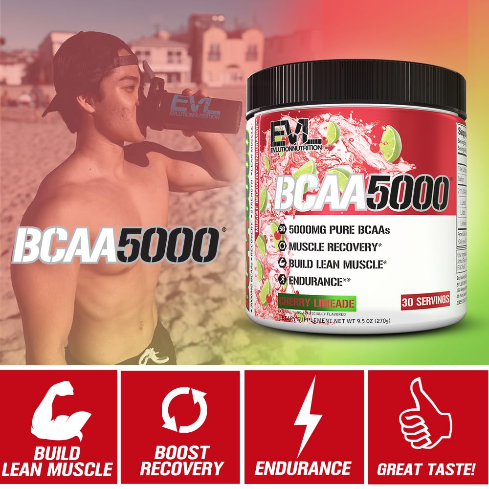 Evlution EVL BCAAs Amino Acids Powder - BCAA Powder Post Workout Recovery Drink and Stim Free Pre Workout Energy - 5g Branched Chain Amino Acids Supplement for Men - Cherry Limeade