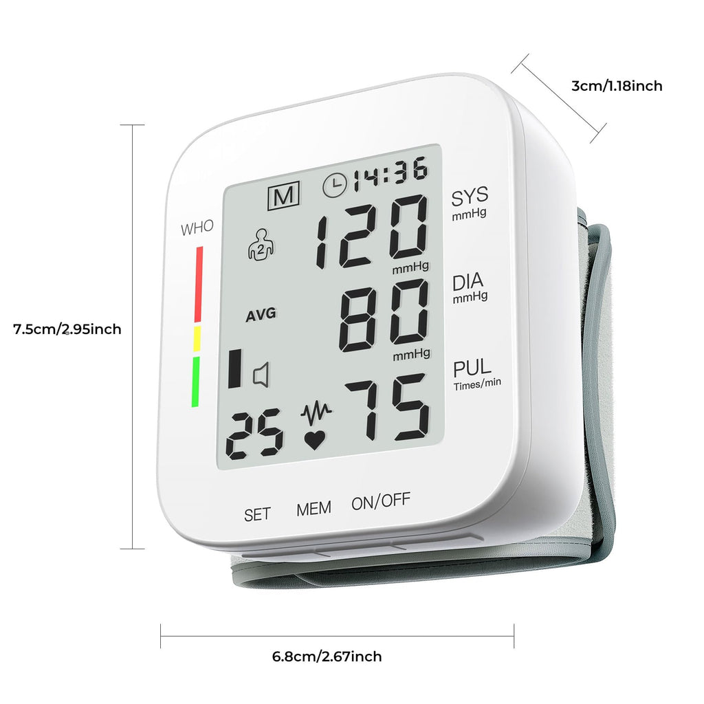 MMIZOO Wrist Blood Pressure Monitor Large LCD Display BP Machine Adjustable Cuff 5.31-7.68 inch Automatic 99x2 Sets Memory with Carrying Case for Home Use (White)