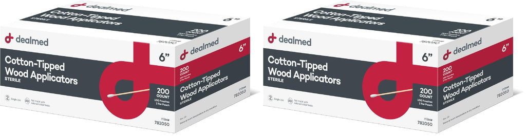 Dealmed 6" Cotton-Tipped Wood Applicators – 200 Sterile Cotton-Tipped Applicators for Application of Medication, Cleaning Skin, Arts, Crafts and More (Box of 200) (Pack of 2)