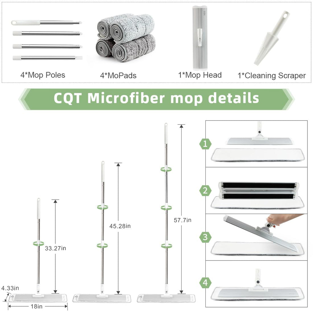 CQT Commercial Flat Microfiber Floor Mop Cleaning System 18" Inch Wet Dry and Dust Hardwood with 4 Washable Pads Cleaner for Laminate Tile Stainless Steel Handle and Extension (PT12-WET)