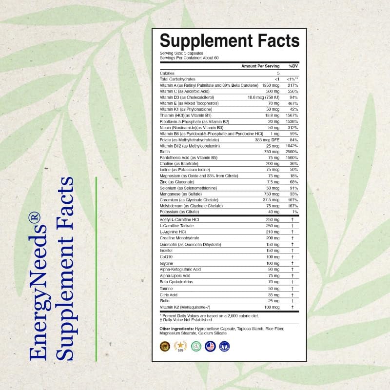 EnergyNeeds® 40 Active Ingredients Vitamin D, Vitamin B12, zinc, beta-Carotene