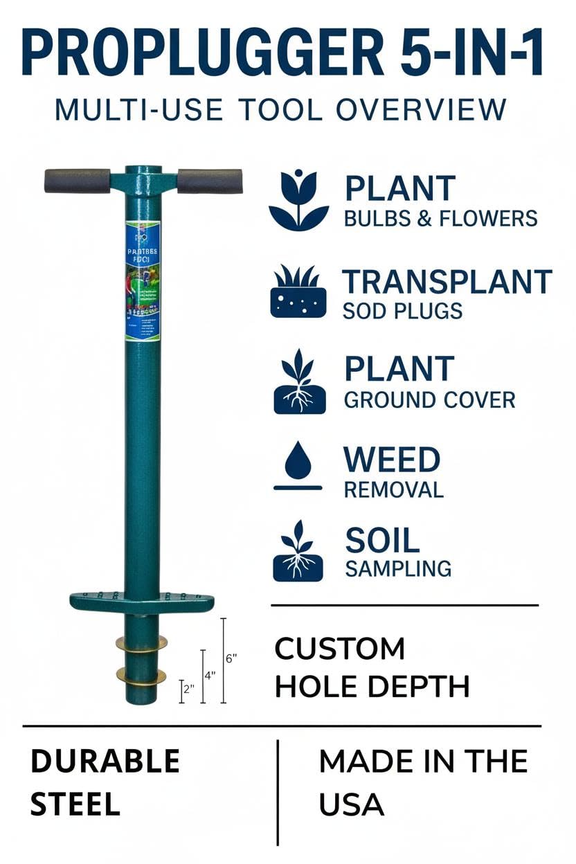 ProPlugger 5-IN-1 Lawn Tool and Garden Tool, Bulb Planter, Weeder, Sod Plugger, Annual Planter, Soil Test
