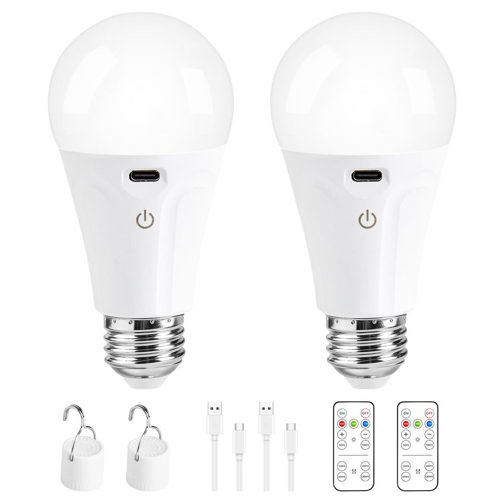 Powfloven Rechargeable Light Bulbs with Remote Control and USB Charging; Dimmable Battery Operated Light Bulb with 3 Colors and 4 Timer; A19 Wireless Light Bulbs for Wall Sconce Not-Hardwired, 2 Pack
