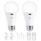 Powfloven Rechargeable Light Bulbs with Remote Control and USB Charging; Dimmable Battery Operated Light Bulb with 3 Colors and 4 Timer; A19 Wireless Light Bulbs for Wall Sconce Not-Hardwired, 2 Pack