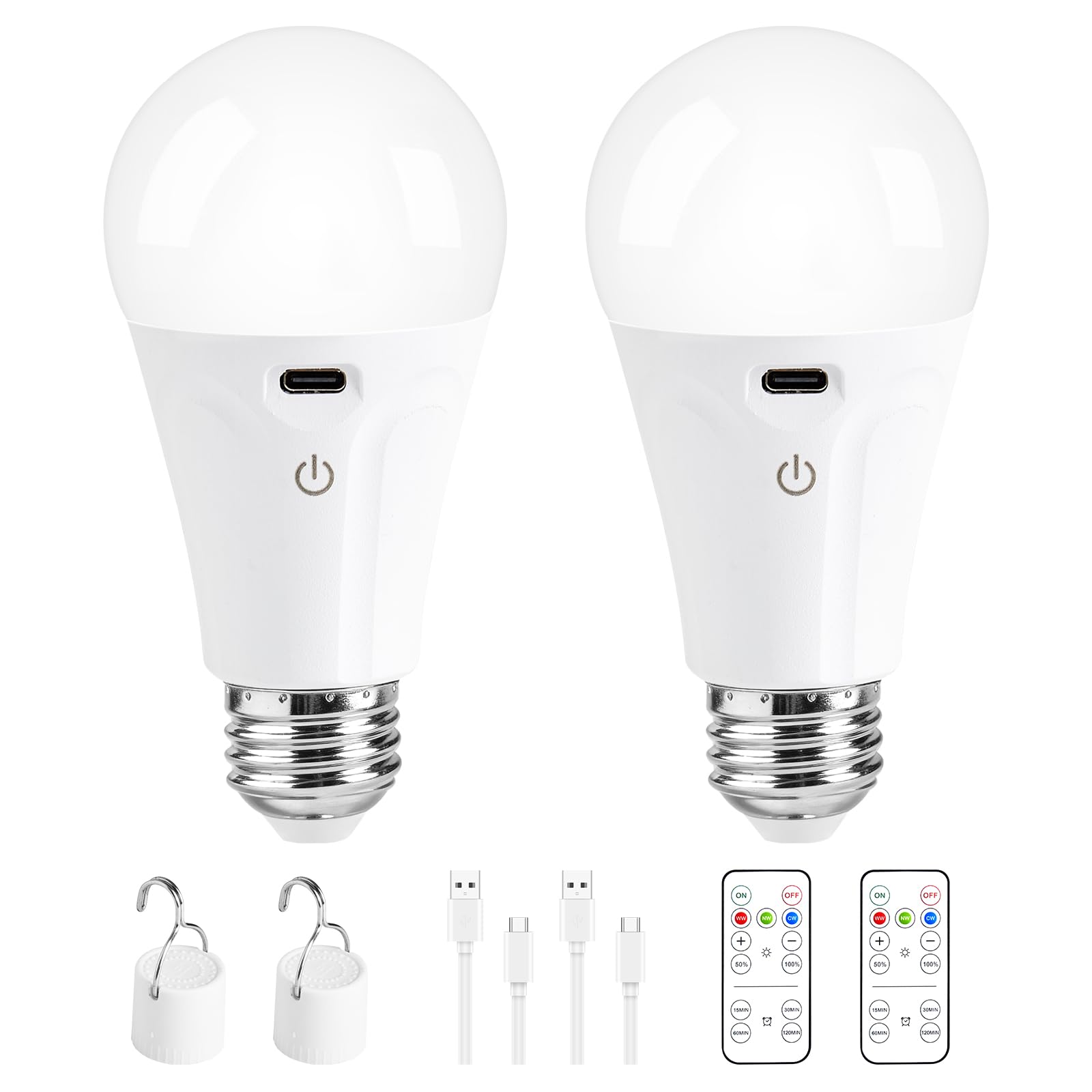 Powfloven Rechargeable Light Bulbs with Remote Control and USB Charging; Dimmable Battery Operated Light Bulb with 3 Colors and 4 Timer; A19 Wireless Light Bulbs for Wall Sconce Not-Hardwired, 2 Pack