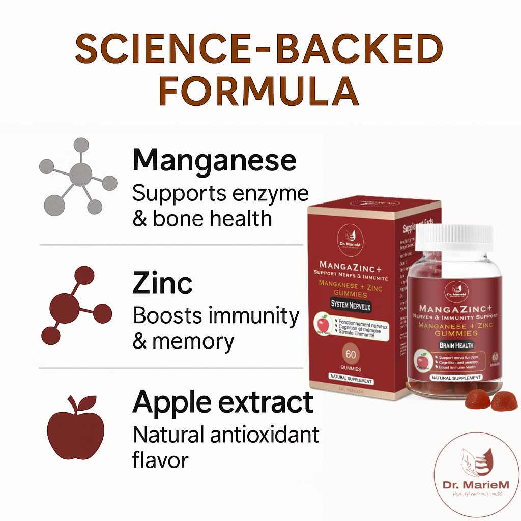 Dr. MarieM MangaZinc+ Gummies – Manganese + Zinc for Nerve Function, Cognitive Support & Immune Health – Apple Flavor – 60 Gummies
