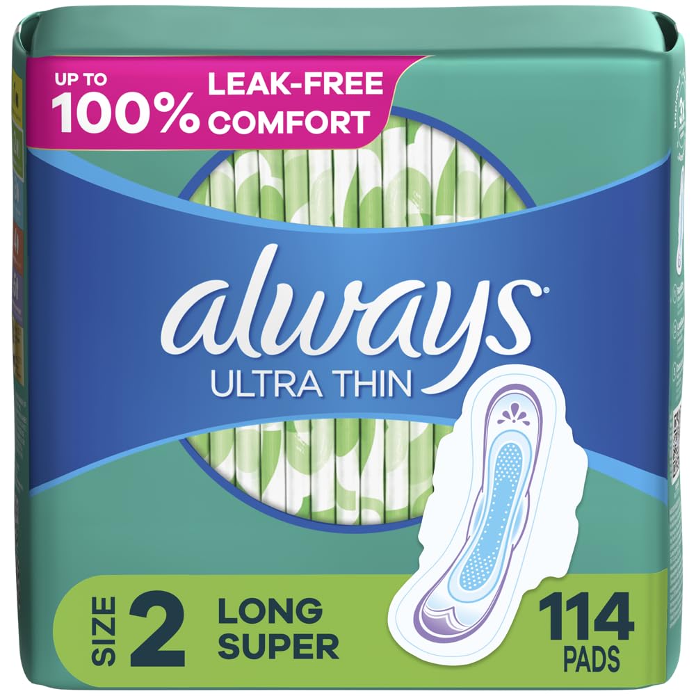 Always Ultra Thin Daytime Pads with Wings, Size 2, Long Super, Unscented, 114 Count