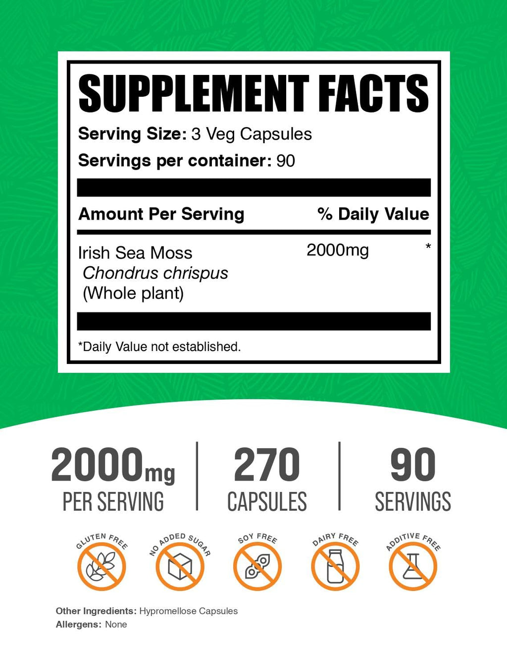 BulkSupplements.com Irish Sea Moss Capsules - Sea Moss Supplement, Irish Sea Moss - Gluten Free, 3 Capsules per Serving (2000mg), 240 Count (Pack of 1)