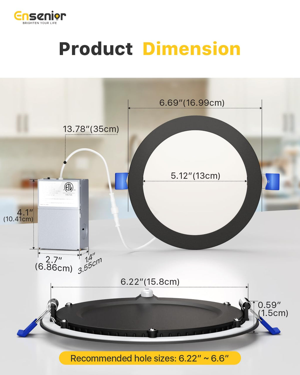 Ensenior 6 Pack 6 Inch LED Recessed Light, Dimmable, 2700K-5000K 5CCT, 1200LM High Brightness, 12W 120V, Damp Rated, Ultra-Thin Canless Wafer Light, Black - ETL & FCC & IC
