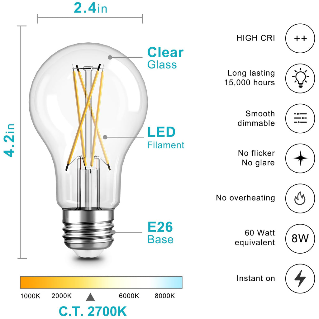 TJOY 6 Pack A19 Vintage LED Edison Bulbs, Dimmable Light Bulb 50W Equivalent, High Brightness 2700K Warm White, 5W E26 Standard Base, 470Lumens, CRI80+, Clear Glass Filament Bulb for Home, Farmhouse