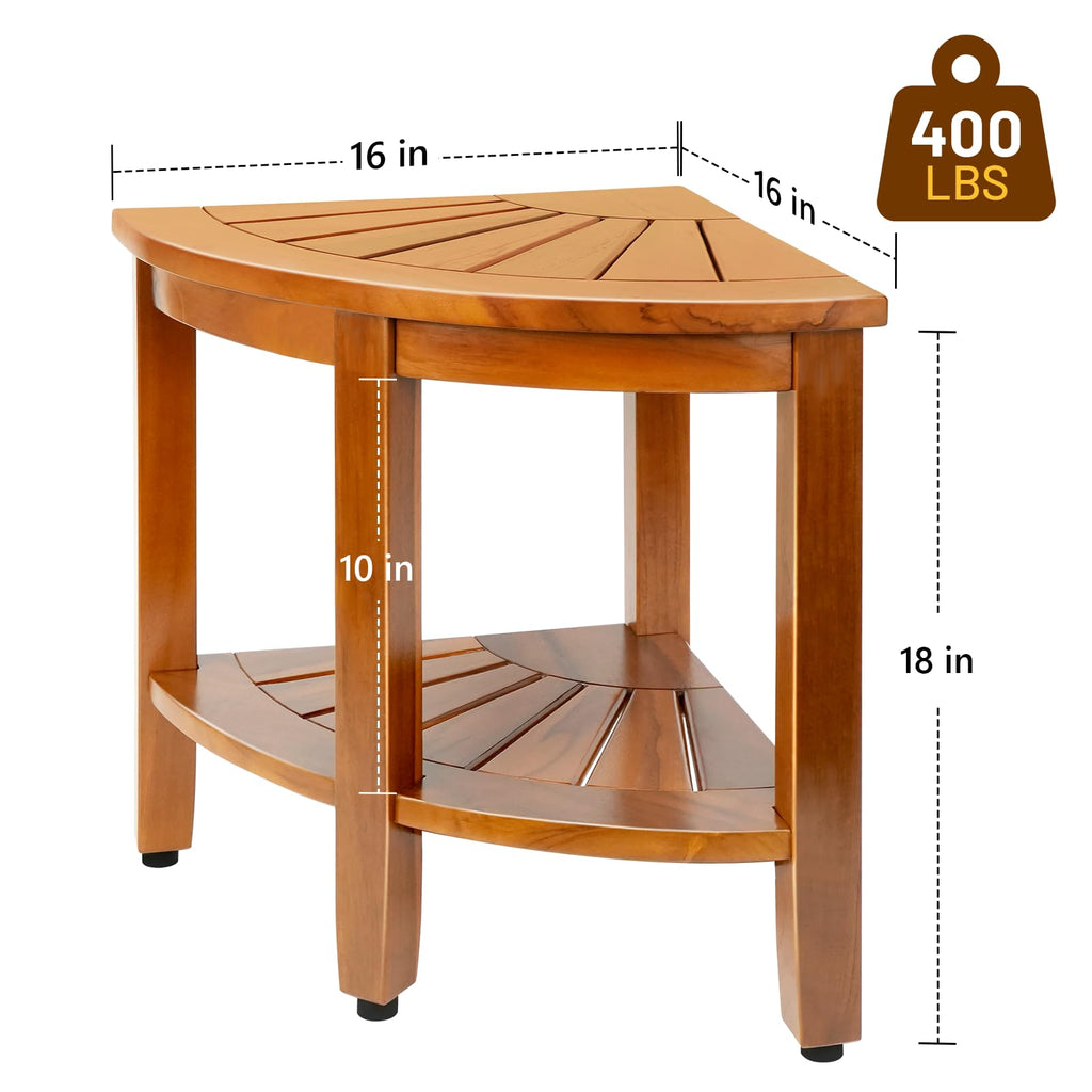 MRTEAK 18" Premium Teak Corner Shower Bench with Shelf, Solid Teak Shower Stool, Durable Waterproof Wooden Seat for Inside Shower, Teak Wood Bench for Bathroom, Indoor & Outdoor Use