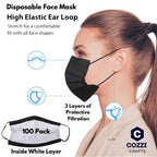 Cozzi Crafts Black Face Masks Disposable 100 Pack 3 Ply Facemask with White Inside, Dust & Allergy Mask, 3 Layer Adult Breathable