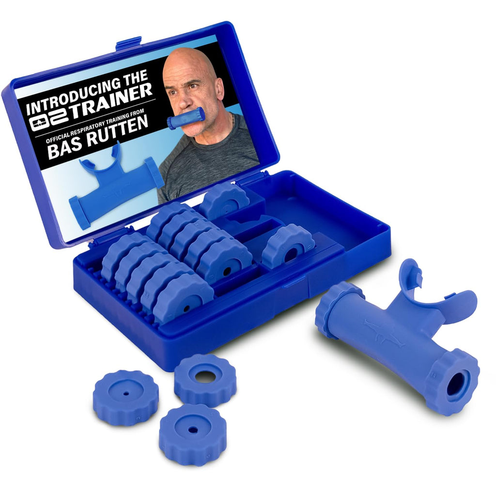 Bas Rutten O2Trainer: Breathing Muscle Training Device | Lung Power & Endurance Tool for Athletes, Singers & High-Altitude Performance | Diaphragmatic Respiratory Trainer | 16 Resistance Caps | Blue