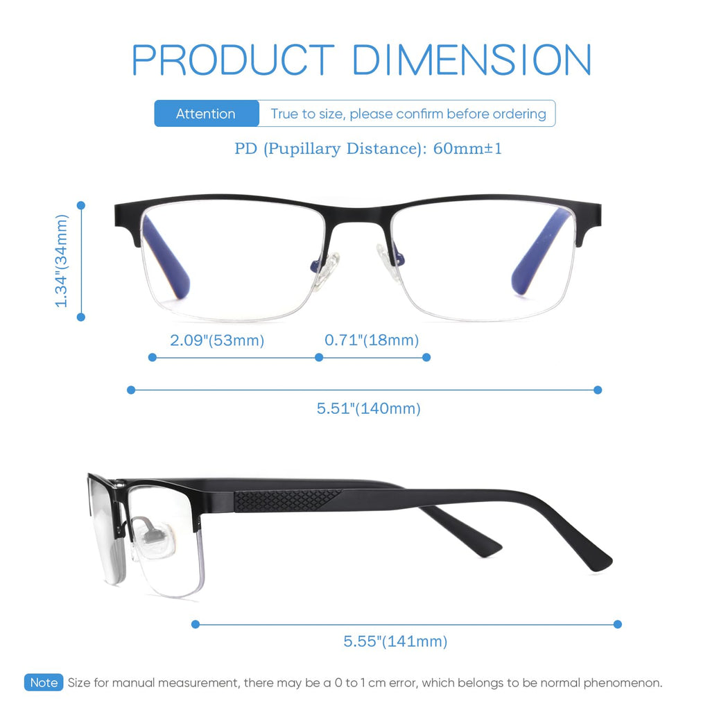 Missfive 2 Pack Mens Quality Progressive Multifocus Reading Glasses Blue Light Blocking, Man Spring Hinge No-Line Multifocal Readers Half Frame Metal Eyewear,Workspace For Near-Range, +1.5