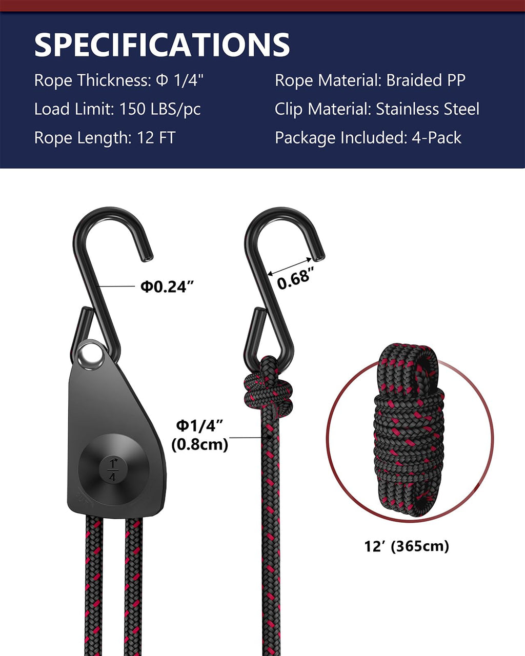 VIPARSPECTRA Ratchet Tie Down Straps, 1/4" Adjustable Rope Hangers [4 Pack, 12FT, 150 lbs/Pack], Heavy Duty Kayak Pulley System with Hooks for Garage Cargo Trucks Tents Grow Lights Various Lashing