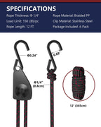 VIPARSPECTRA Ratchet Tie Down Straps, 1/4" Adjustable Rope Hangers [4 Pack, 12FT, 150 lbs/Pack], Heavy Duty Kayak Pulley System with Hooks for Garage Cargo Trucks Tents Grow Lights Various Lashing