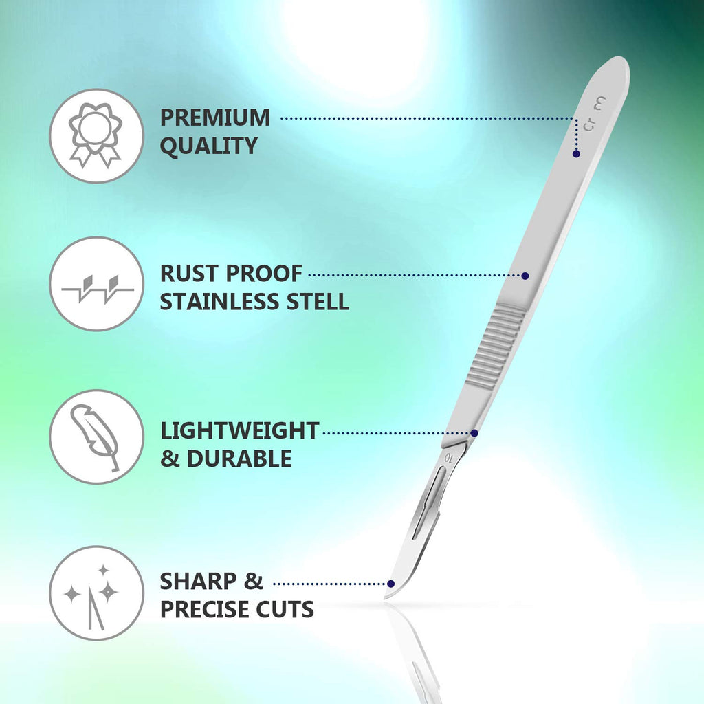 MedHelp Pack of 21 Surgical Blades #10 with Stainless Steel Scalpel Handle - High Carbon Steel Sterile Dermaplane Blades, Dermaplaning Tool for Face, Podiatry, Crafts