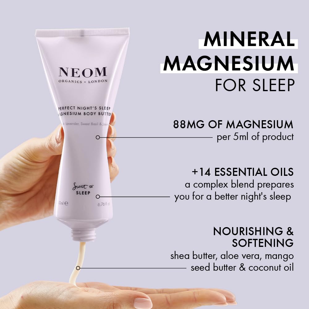 Neom - Perfect Night's Sleep Magnesium Body Butter | 6.76 Fl Oz (200ml) | Lavender, Chamomile, & Patchouli | Lotion for Sleep with Essential Oils | 100% Natural Fragrances | Nourish & Soften