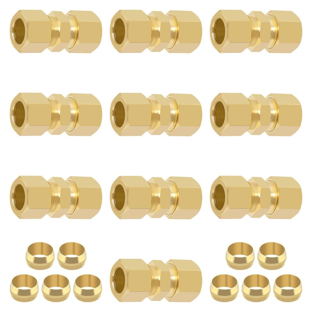 Taiidaues Brass Compression Tube Fitting, 10 PCS 3/8" OD Compression Union Connectors & 10 PCS Compression Sleeves Ferrules