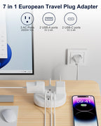 European Travel Plug Adapter with USB C, Multi Country Outlet Adapter with 3 AC Outlets and 4 USB Ports, Type C Plug Adapter for US to Most of Europe Iceland Spain Italy France Germany etc