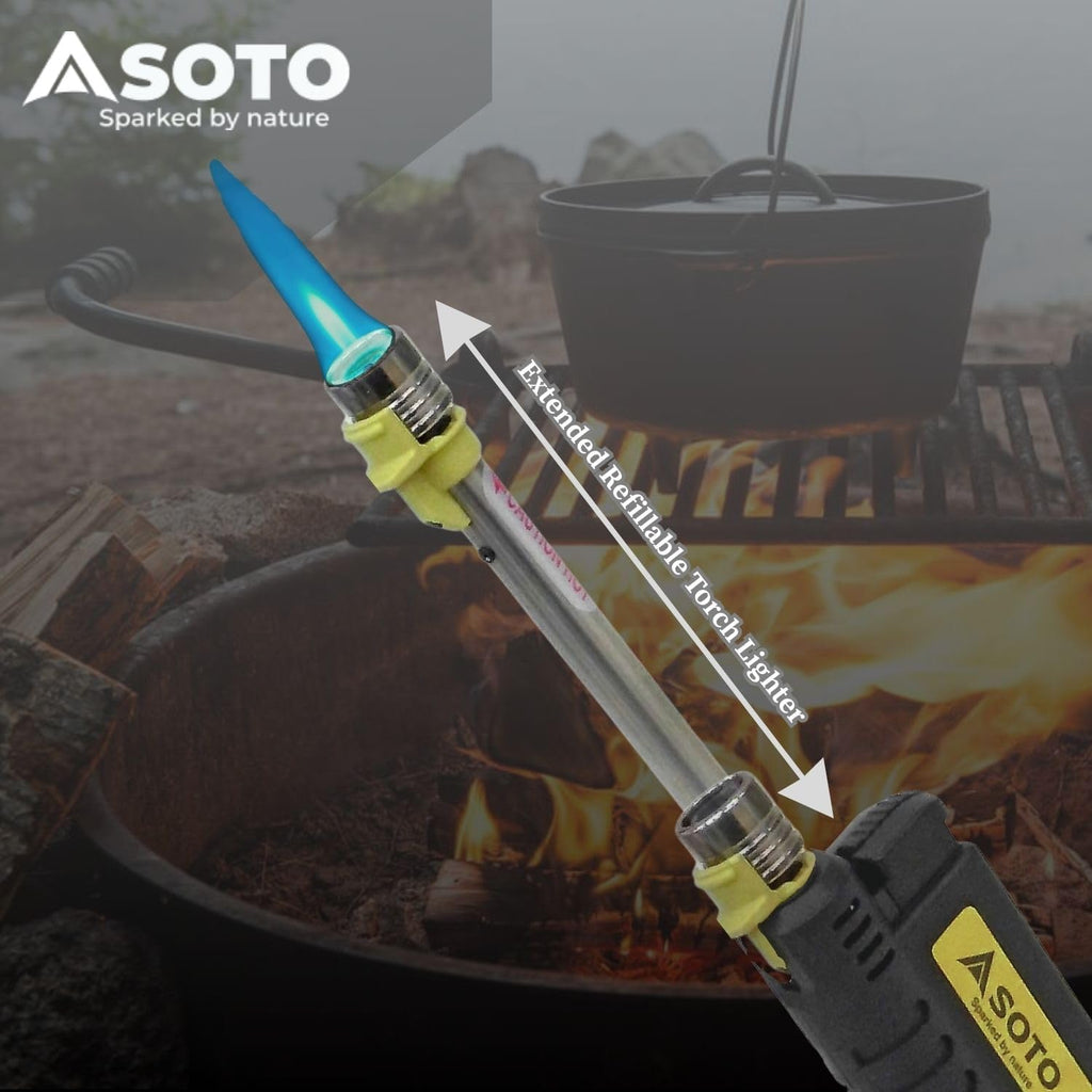 SOTO Pocket Torch Lighters for Camping - Extended Refillable Torch Lighter, Telescoping Burner Head, Electronic Ignition, Strong Wind-Resistant Butane Lighter for Candles, Grill, BBQ - Shipped Empty