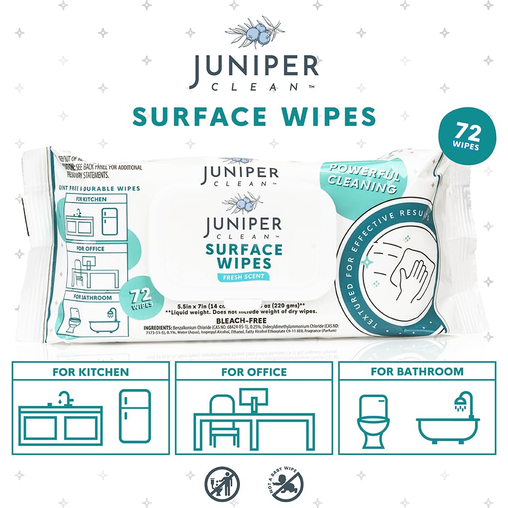 Juniper CLEAN 24 Pack Surface Cleaning Wipes Bleach Free, All-Purpose Cleaner for Bathroom, Kitchen, Office, 1728 Count Soft Flow, Fresh Scent, Bleach Free, Lint Free, Durable