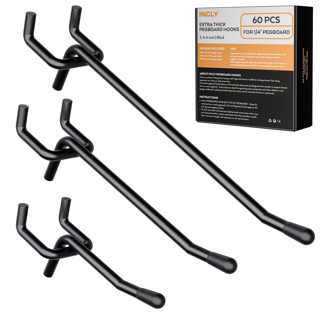 INCLY 60 Pack 2/4/6 Inch Black Pegboard Hooks, 1/4" Heavy Duty