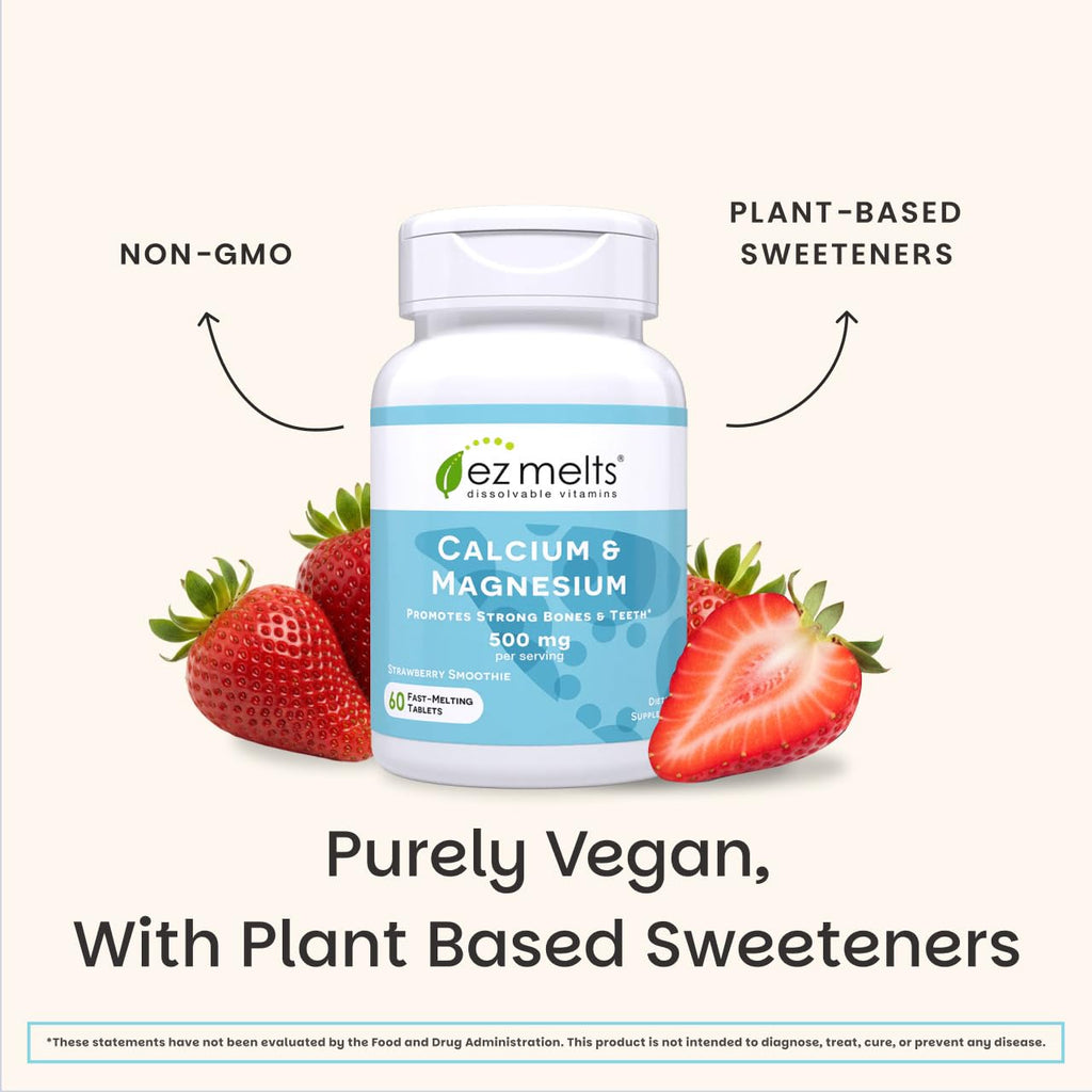 EZ Melts Calcium & Magnesium - Daily Supplement for Heart, Bone, Immune & Brain Health - with Vitamin D3 - Non-GMO & Vegan - Strawberry Smoothie - 60 Dissolvable Tablets (30 Servings)