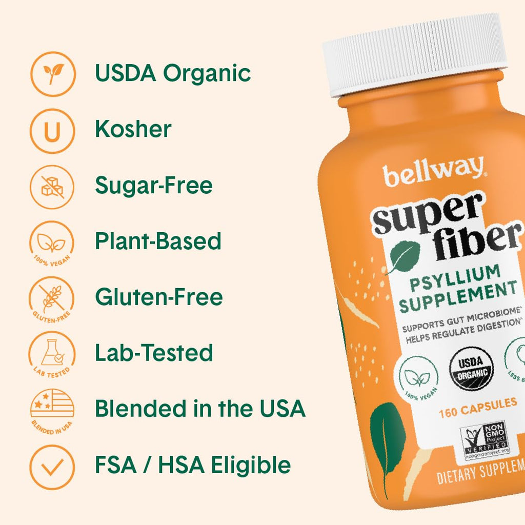 Bellway Super Fiber Capsules (6 Pack) - USDA Organic Psyllium Husk Capsules - Daily Psyllium Husk Fiber Supplement for Digestive Health and Regularity, Plant Based, Non-GMO, Kosher - 960 Capsules