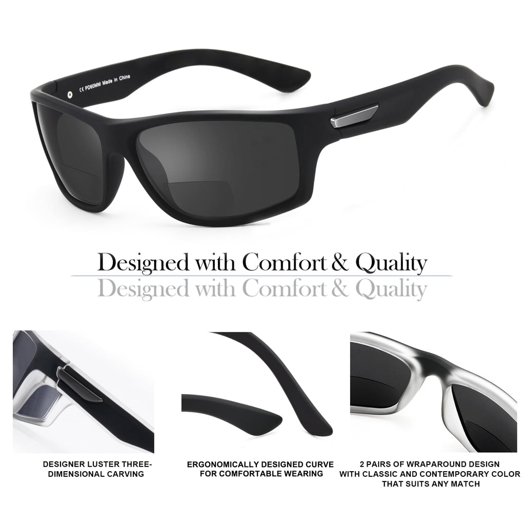 Missfive 2-Pack Mens Ultimate Bifocal Sunglasses with Readers Built In Sporty Upgraded Wrap Frame, UV400 Protection Driving & Reading Glasses for Outdoor +1.5