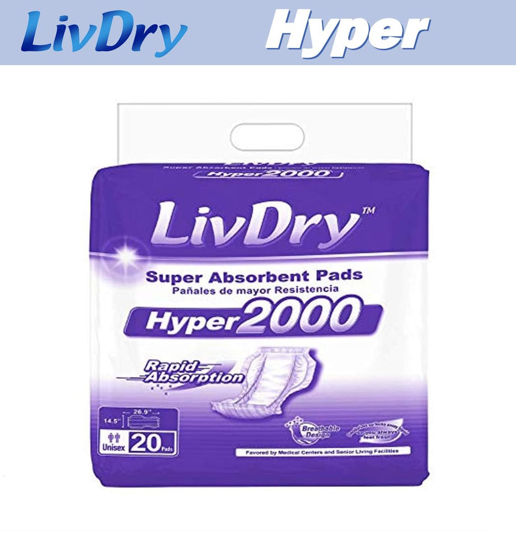 LivDry High Absorbency Pad Insert for Incontinence Briefs and Adult Diapers, Women and Men, Hyper 2000 (20 Count)