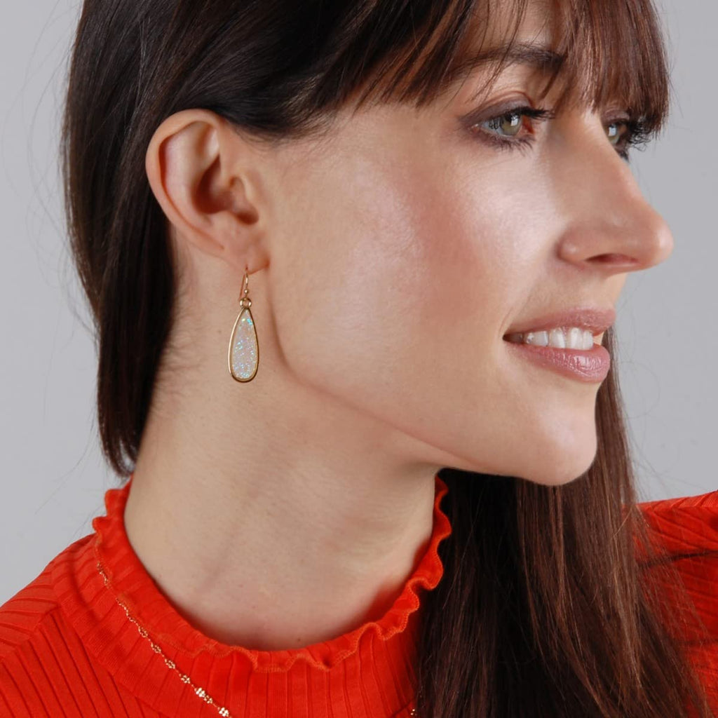 Faux Opal Druzy Drop Dangles, Gold Tone Sparkly Teardrop Earrings for Women