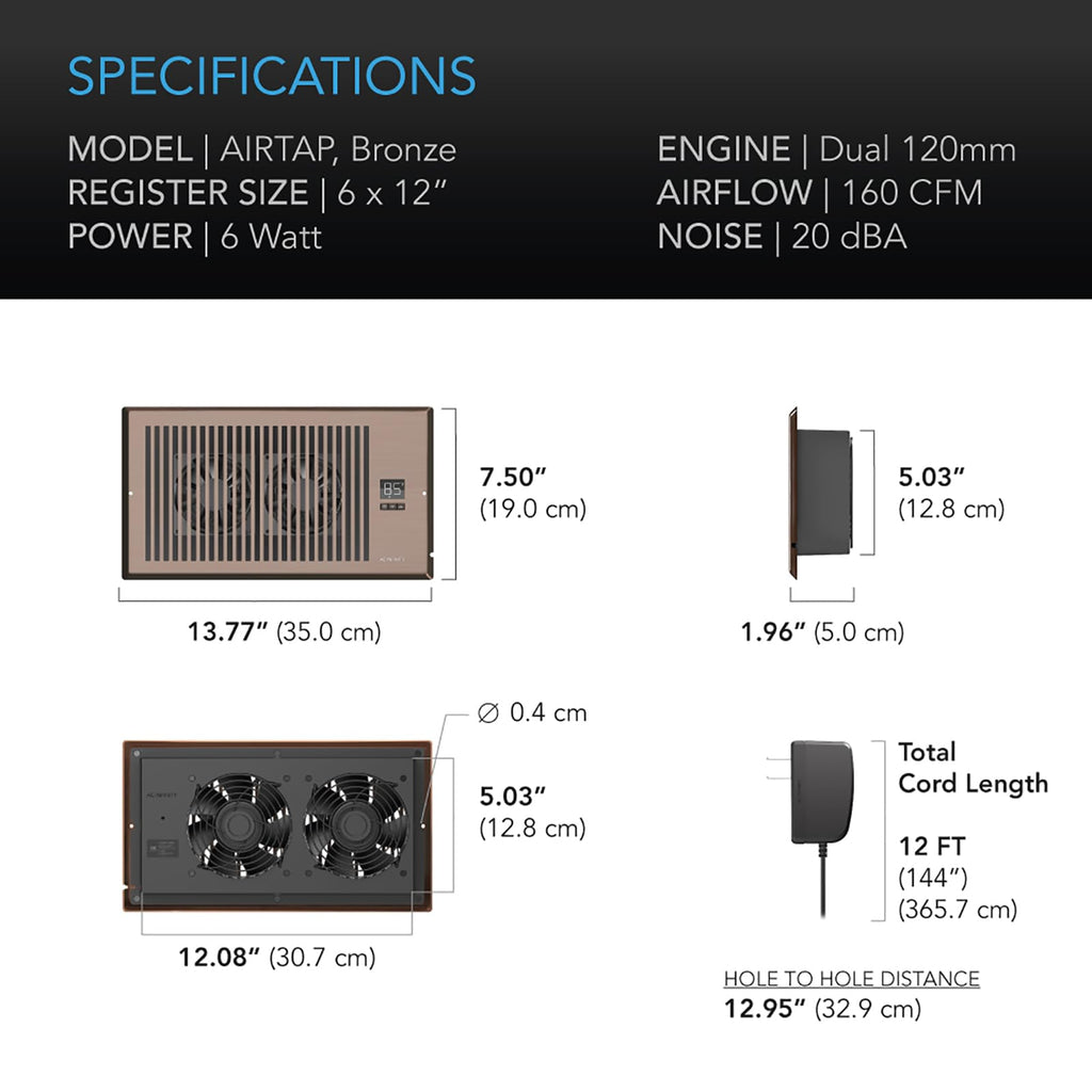 AC Infinity AIRTAP T6, Quiet Register Booster Fan with Thermostat 10-Speed Control, Heating Cooling AC Vent, Fits 6” x 12” Register Holes
