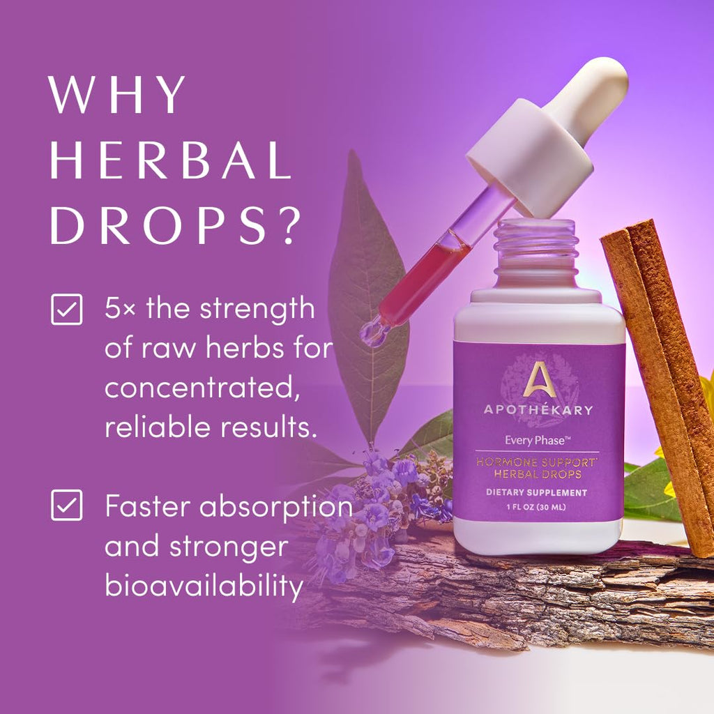 Apothékary Every Phase, Natural Hormone Support, Hormone-Free Herbal Liquid Drops, Clinically-Proven Mediterranean Pine Bark, Chaste Tree Berry, Menstrual and Menopause Support, 1 oz, 30 Servings