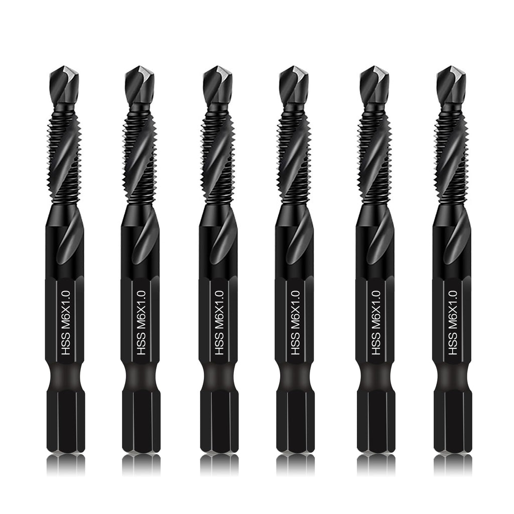 DKIBBITH 6 Packs M6 Combination Drill & Taps Bit Set, Screw Threading Tapping Tools in Size M6*1.0 with Anti-Rust Black Coating, 1/4" Hex Shank and Storage Case