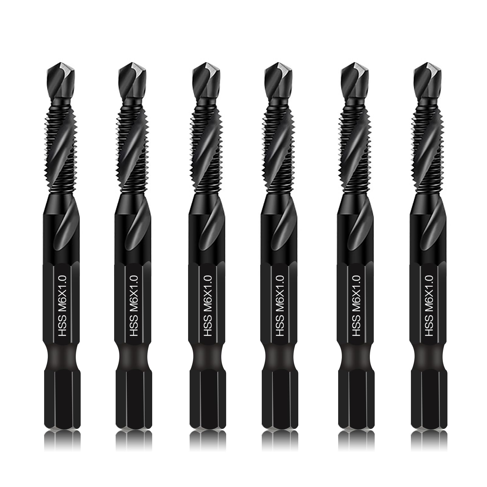 DKIBBITH 6 Packs M6 Combination Drill & Taps Bit Set, Screw Threading Tapping Tools in Size M6*1.0 with Anti-Rust Black Coating, 1/4" Hex Shank and Storage Case