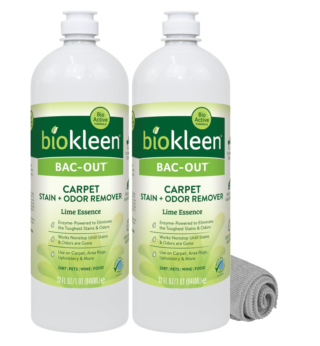 Biokleen Bac-Out Enzymatic Stain & Odor Remover for Carpet - Removes Stains and odors caused by dirt, pet accidents, wine, food, smoke - 2 Pack 32 oz w/Micro Cleaning Towel