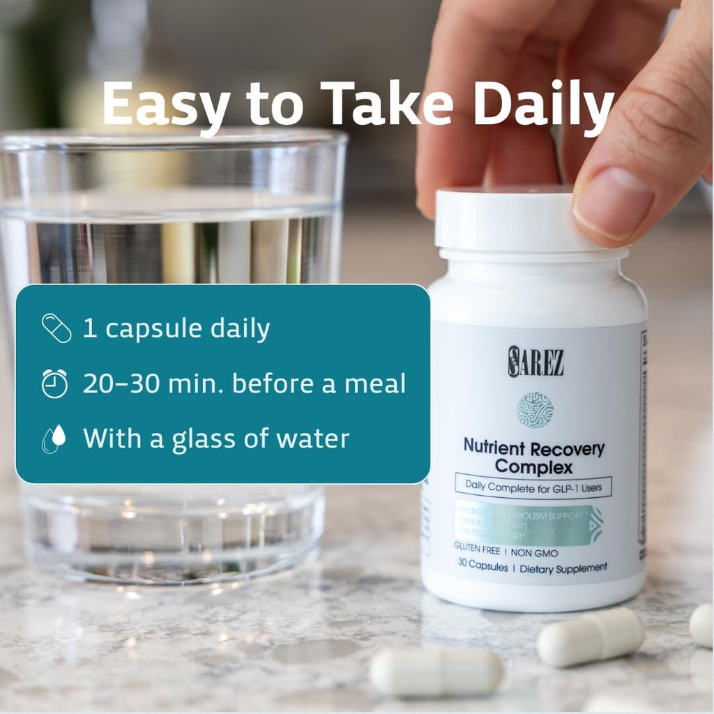 Sarez GLP-1 Daily Nutrient Support Capsules — Methylated Vitamins & Chelated Minerals — Energy, Metabolism, Digestion & Hair Support — with Ginger for Nausea — Gentle on Stomach — 30 Day Supply