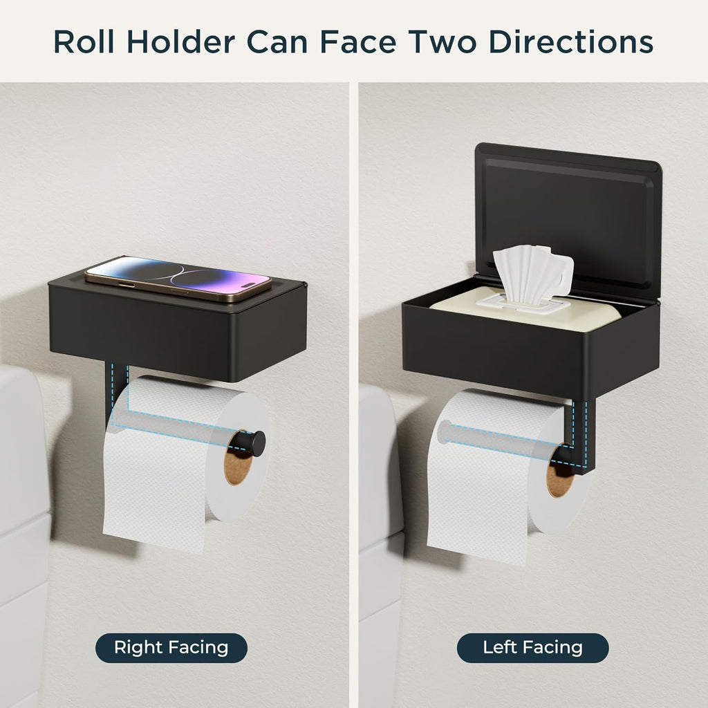 FORIOUS Toilet Paper Holder with Shelf, Wall-Mounted Modern Wipes Dispenser