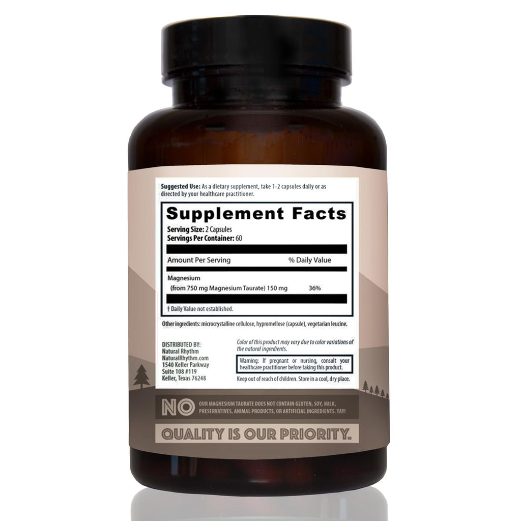 Magnesium Taurate 750mg (150mg Elemental Magnesium) – 120 Vegetarian Capsules – High-Absorption Magnesium Taurate Supplement for Heart, Muscle, and Nerve Support – Non-GMO, Gluten-Free, Made in USA