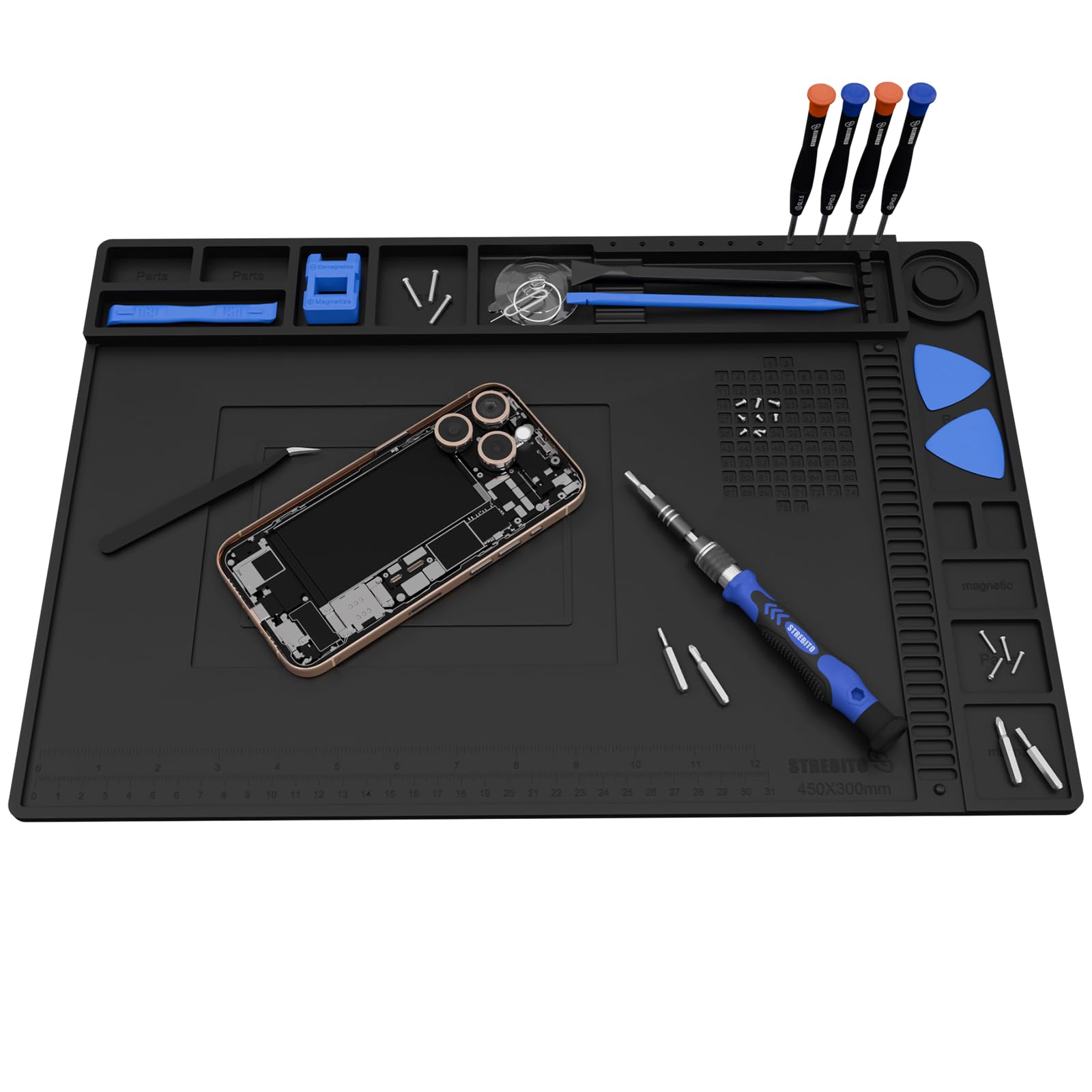 STREBITO Solder Mat Electronics Mat Silicone Repair Mat, Heat Resistant 932°F, Magnetic Project Mat Solder Pad for Soldering, Computer, Laptop, Cell Phone, RC, Gun, Size 17.7" x 11.8" (Black)
