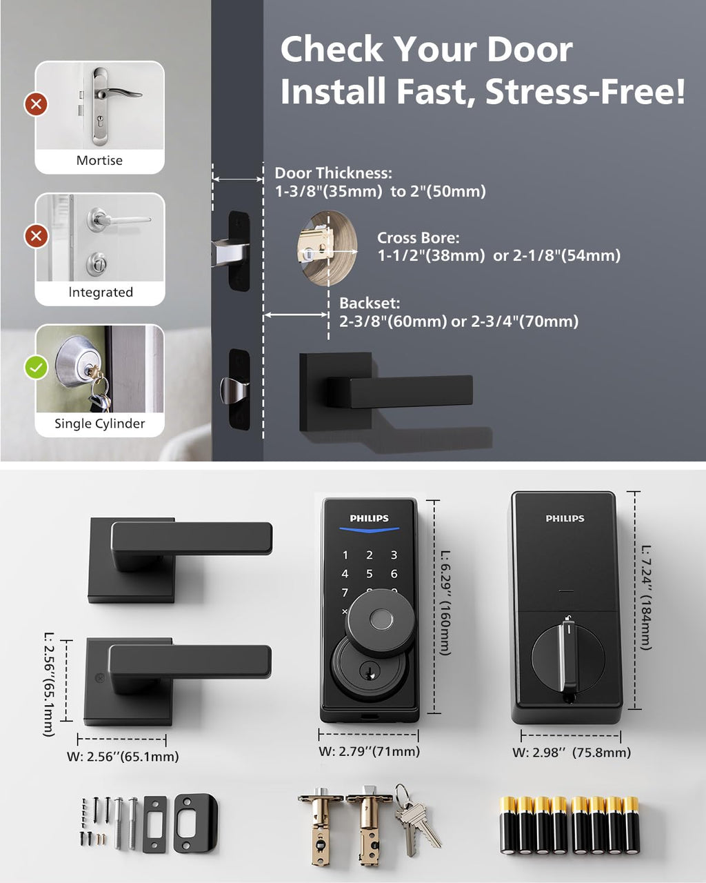 Philips Wi-Fi Smart Lock with Handles, WiFi Keyless Entry Front Door Lock Set, Keypad Deadbolt with Handle App Fingerprint Code Unlocking, Auto Locking, Built-in WiFi, Remote Control & Voice Unlock