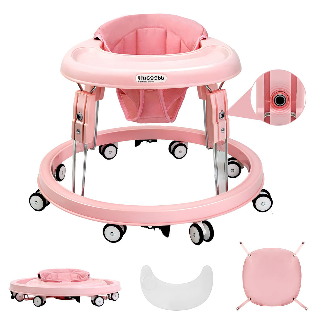 Baby Walker with Wheels, One-Touch Folding Baby Walkers, 7-Speed Height Adjustment with Large Dinner Plate, Anti-Roll 8-Wheel with Brake for 6-18 Months Baby, Full Pink