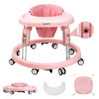 Baby Walker with Wheels, One-Touch Folding Baby Walkers, 7-Speed Height Adjustment with Large Dinner Plate, Anti-Roll 8-Wheel with Brake for 6-18 Months Baby, Full Pink