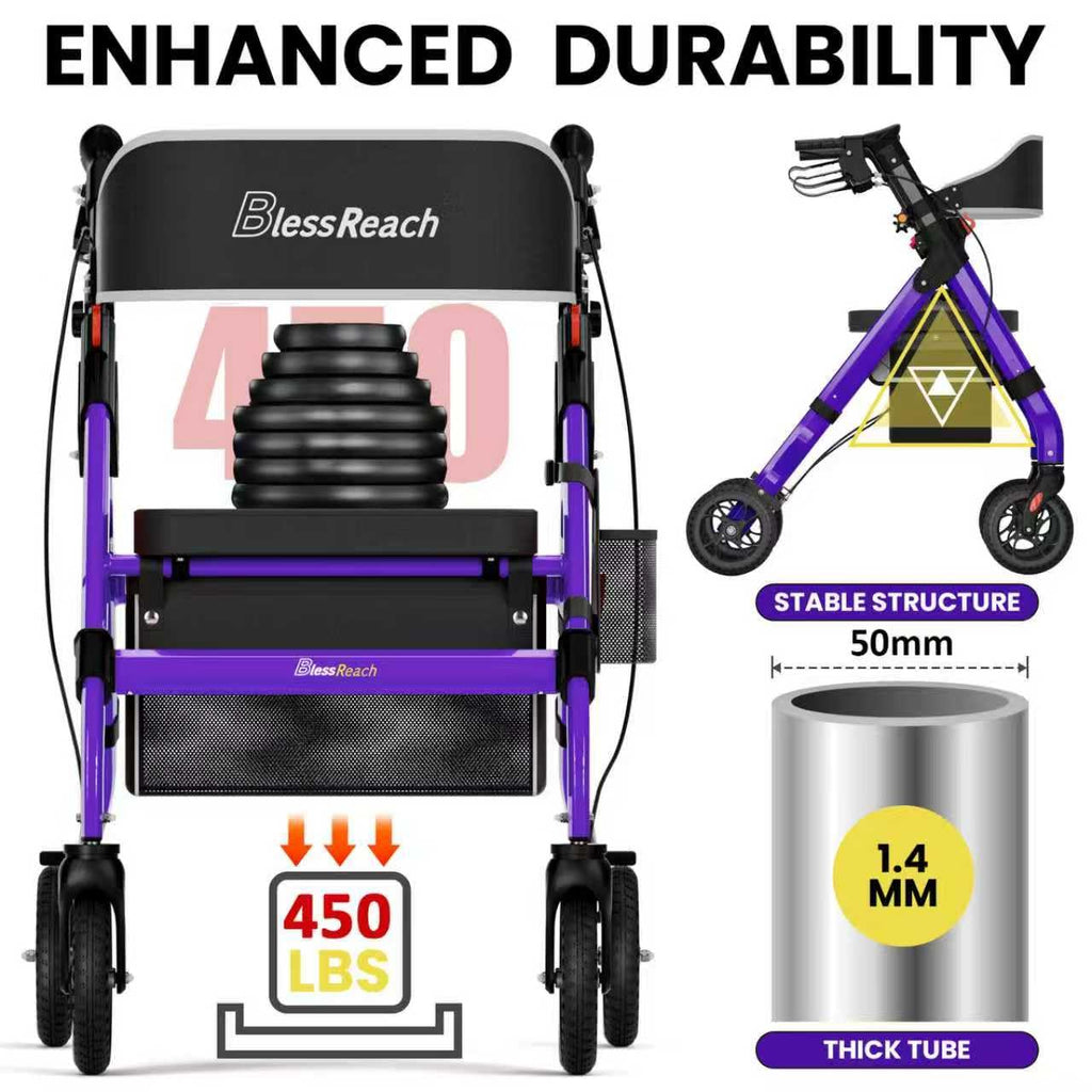 BlessReach Heavy-Duty Aluminum Rolling Walker - Foldable Rollator Walkers with Seat for Seniors, 450 lb Capacity, 8'' Wheels, 18" Big Seat, 6-Position Adjustable Height(Purple)