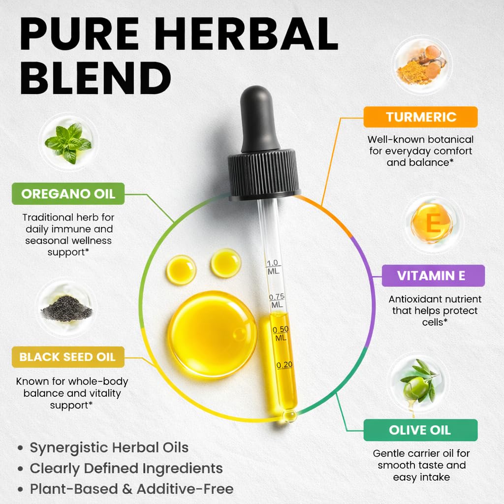 Oil of Oregano Drops with Black Seed Oil, Turmeric Oil, Vitamin E & Olive Oil Based, Immune Digestive Cleanse & Detox*, 80% Carvacrol Cold-Pressed Natural Aceite de Oregano, 2 Fl Oz, 8 Month Supply