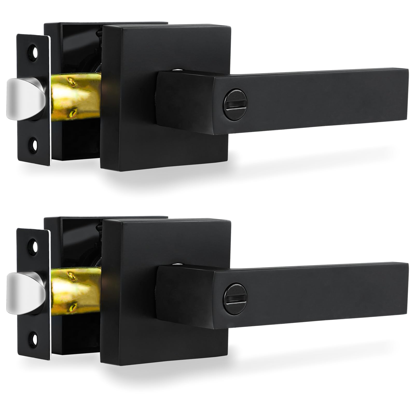 RAZCC Privacy Interior Door Lever, 2 Pack Heavy Duty Matte Black Door Handles Square Door Knobs for Bedroom & Bathroom Keyless Door Lock Handles for Right & Left Sided Doors