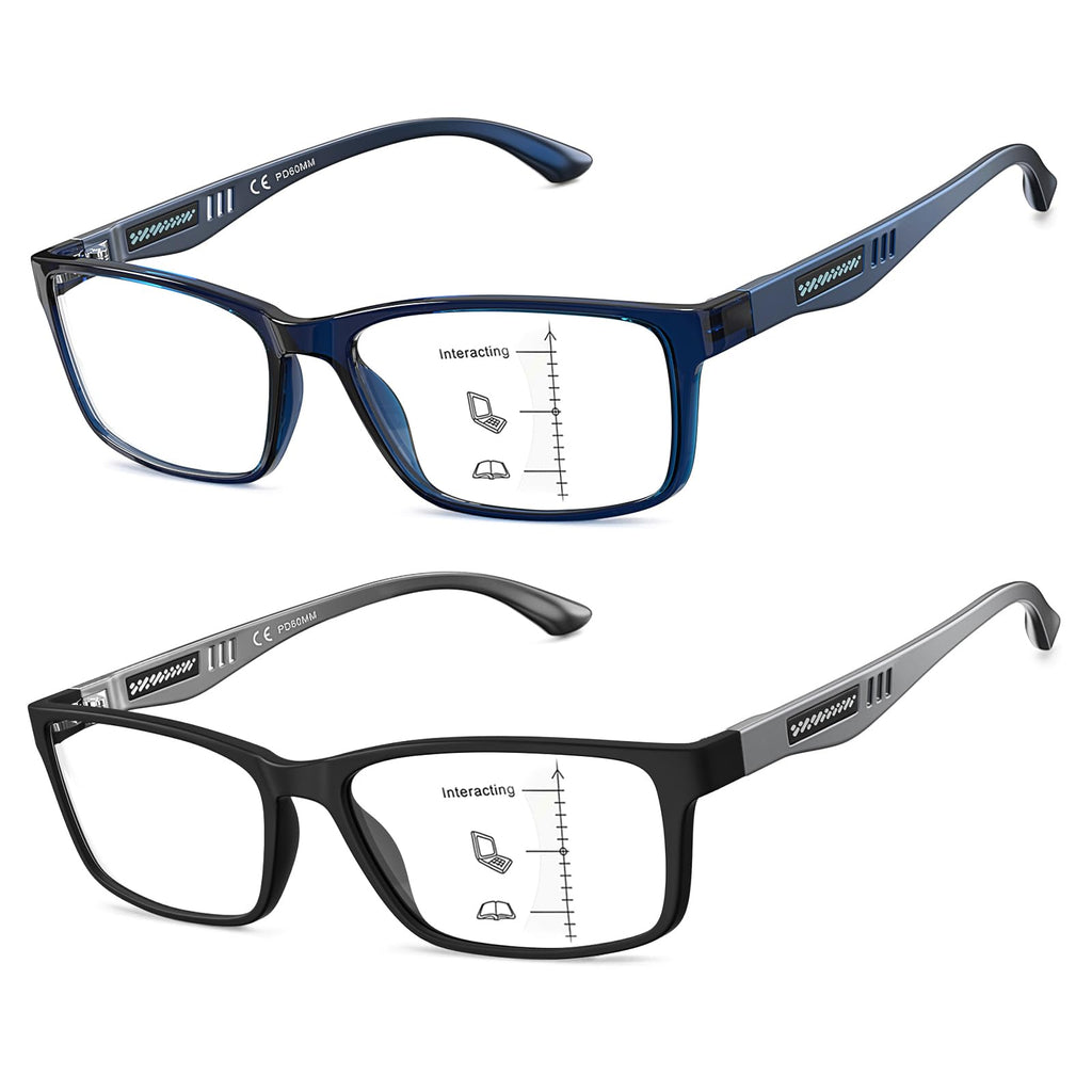 CARA Progressive Reading Glasses for Men Multifocus TR90 Readers, Superior Lightweight Blue Light Blocking Eyeglasses 2 Pack(Black+Blue, +3.50)